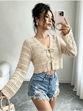 SHEIN Cream Crochet Tie-Front Swim Coverup